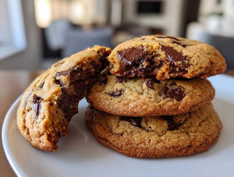A stack of three golden brown Chocolate Chip Cookies, with the top one broken open revealing a gooey, melted chocolate center.