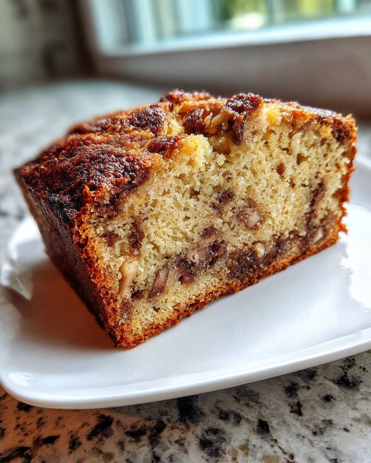 Close-up of a moist slice of Apple Cinnamon Bread showing the cinnamon swirl and nuts on a white plate.