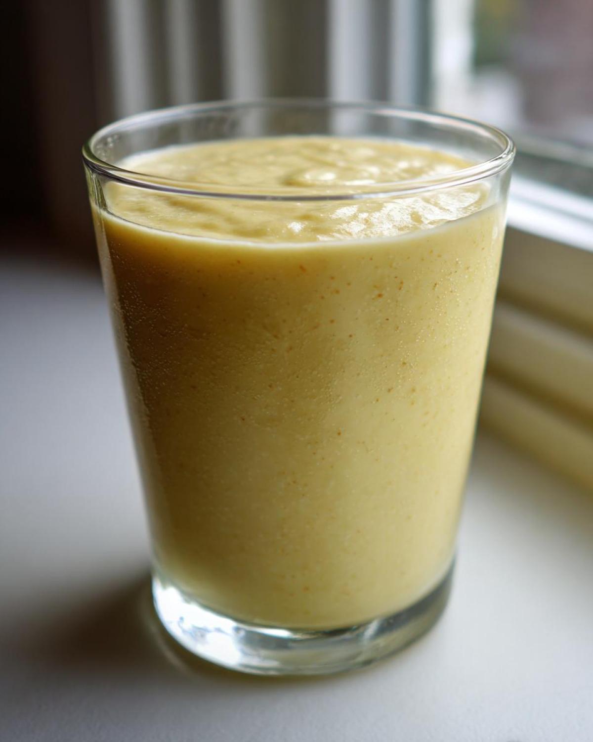 A close-up of a thick, creamy yellow Banana Chamomile Tea Smoothie served in a clear glass.