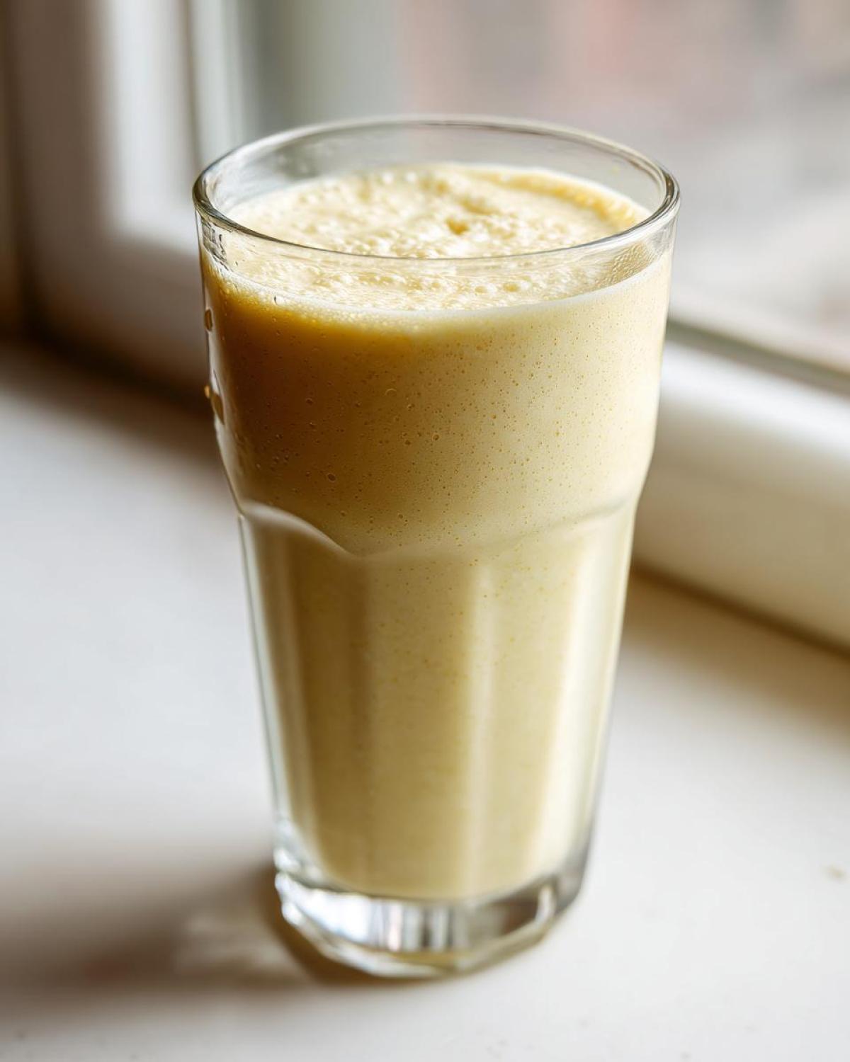 A tall glass filled with a creamy, pale yellow Banana Chamomile Tea Smoothie, resting on a white surface near a window.