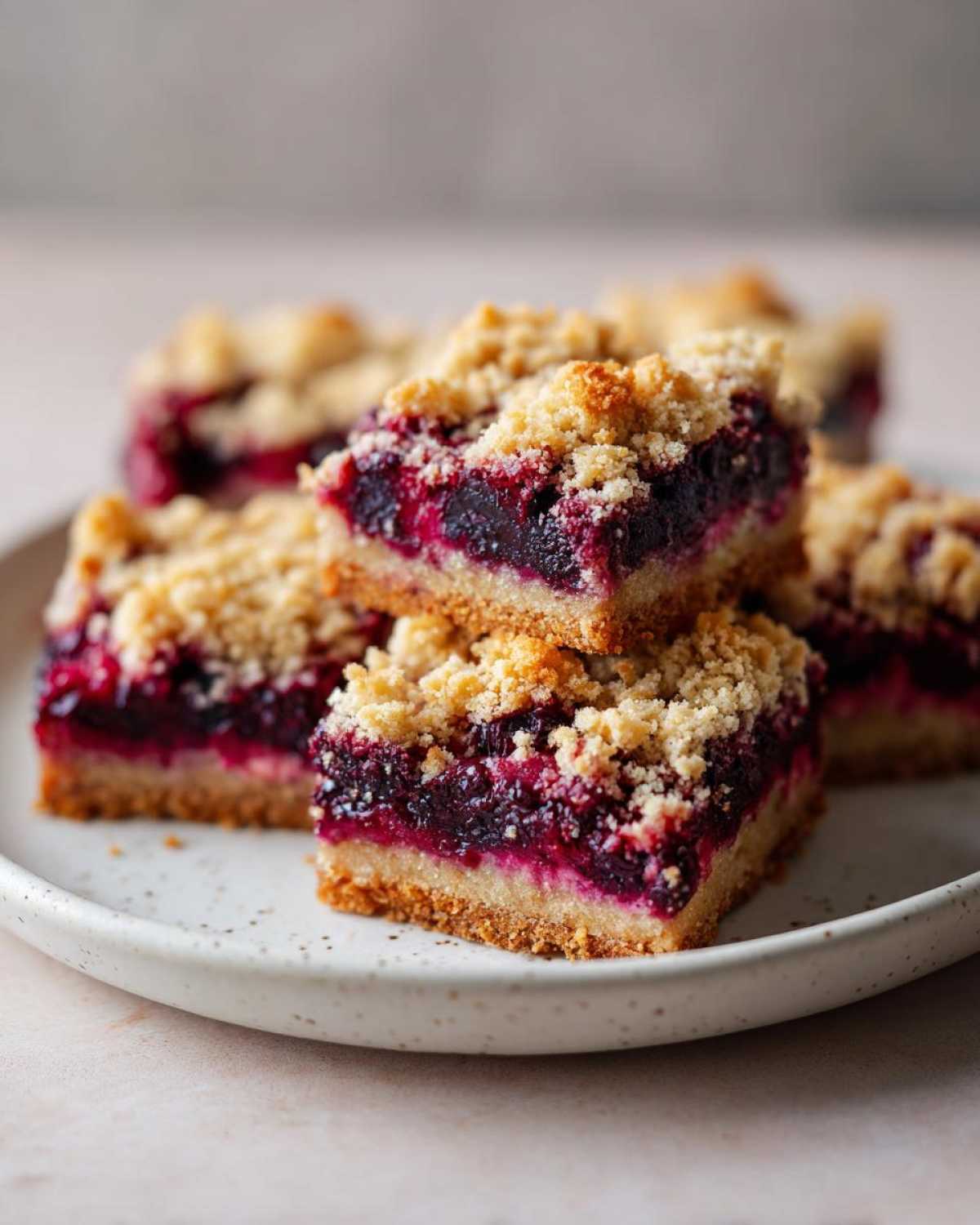 Close-up of stacked, rich berry filling Dessert Squares with a golden crumble topping served on a speckled white plate.
