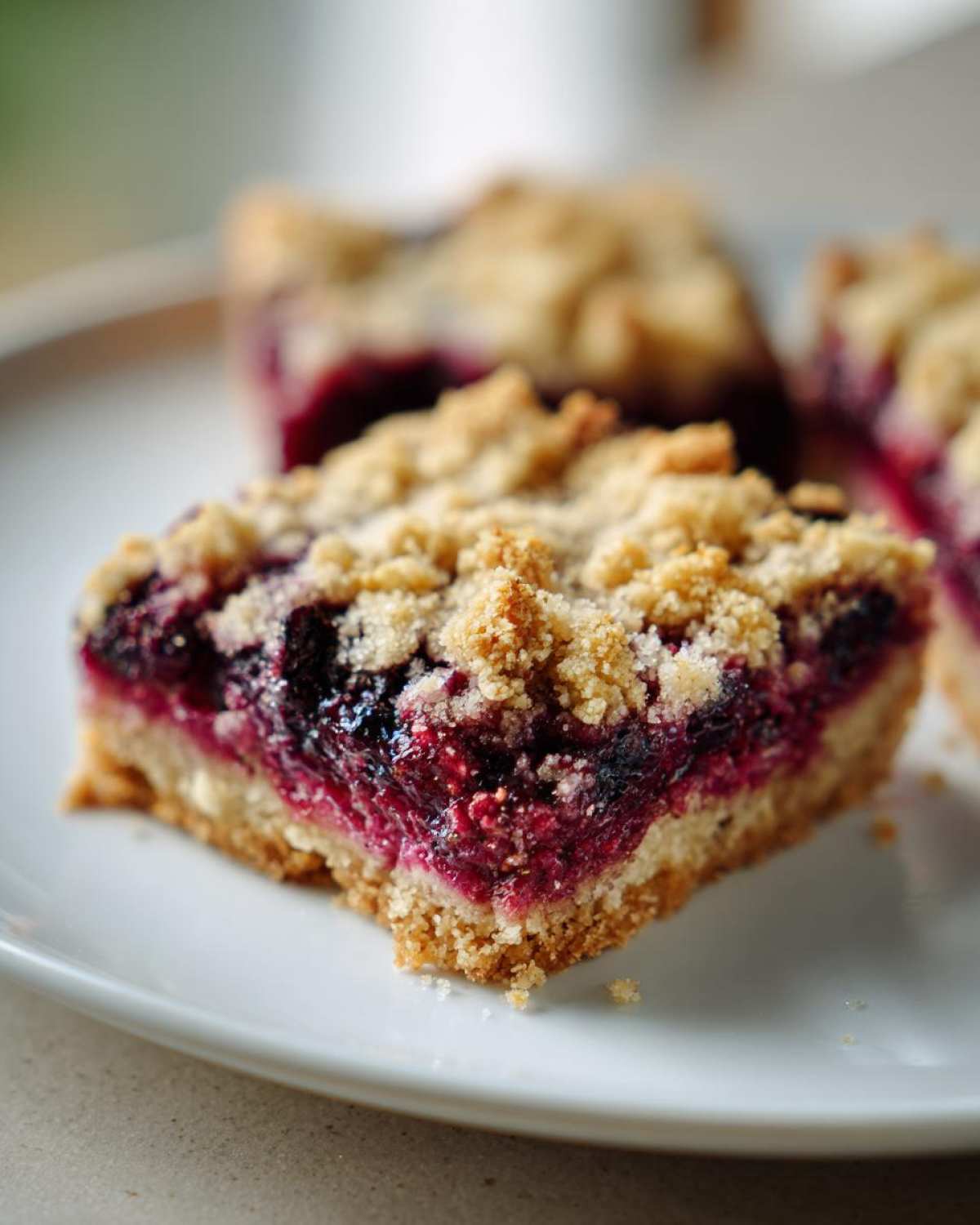 A close-up of a delicious berry Dessert Squares slice featuring a thick, jammy filling and a golden crumb topping on a white plate.