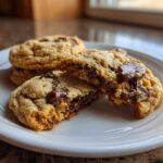 Close-up of gooey Brown Butter Chocolate Chip Cookies, one broken in half showing melted chocolate.