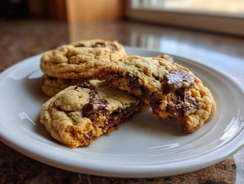 Close-up of gooey Brown Butter Chocolate Chip Cookies, one broken in half showing melted chocolate.