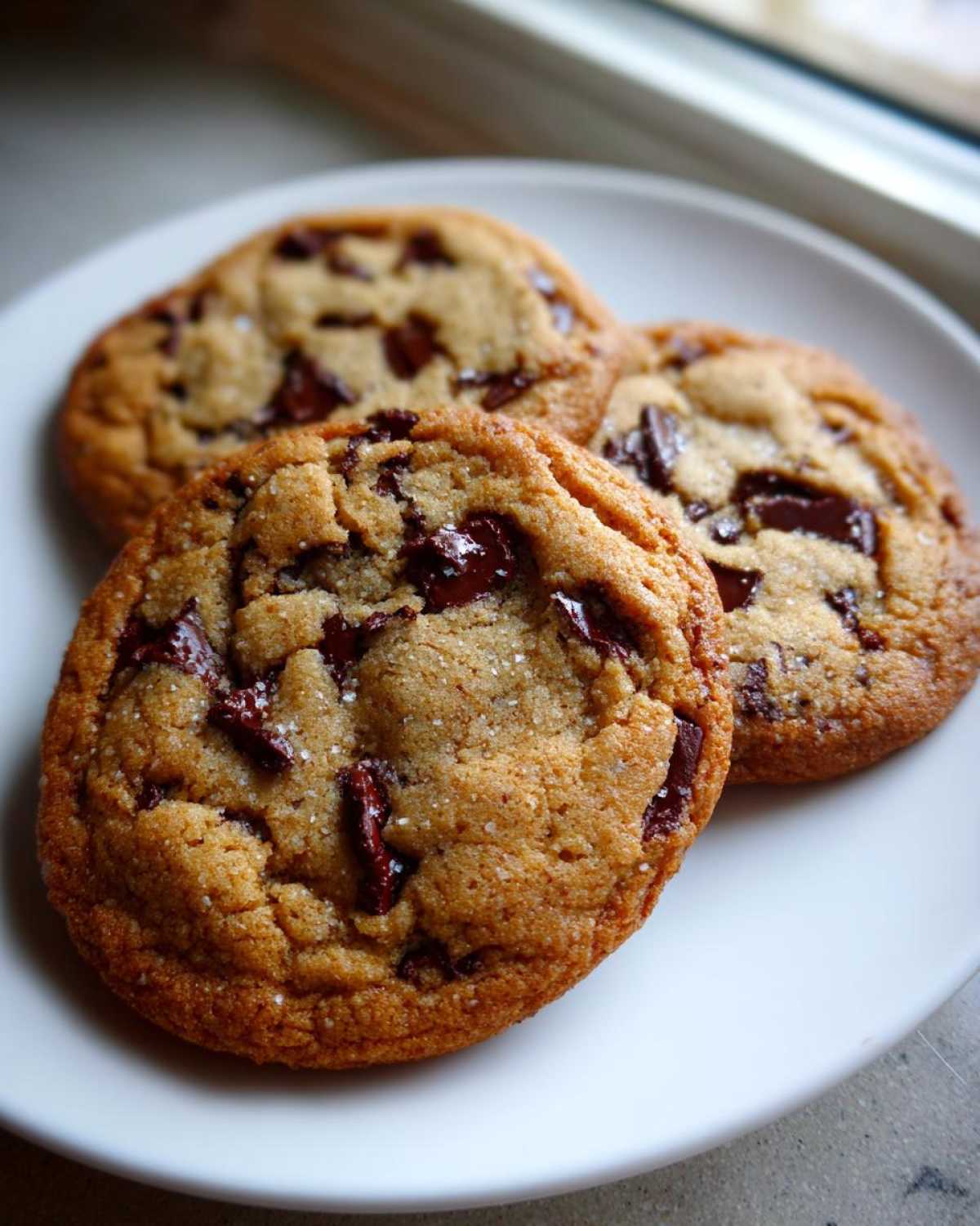 Three freshly baked Brown Butter Chocolate Chip Cookies piled on a white plate, featuring melted chocolate chunks and coarse salt.