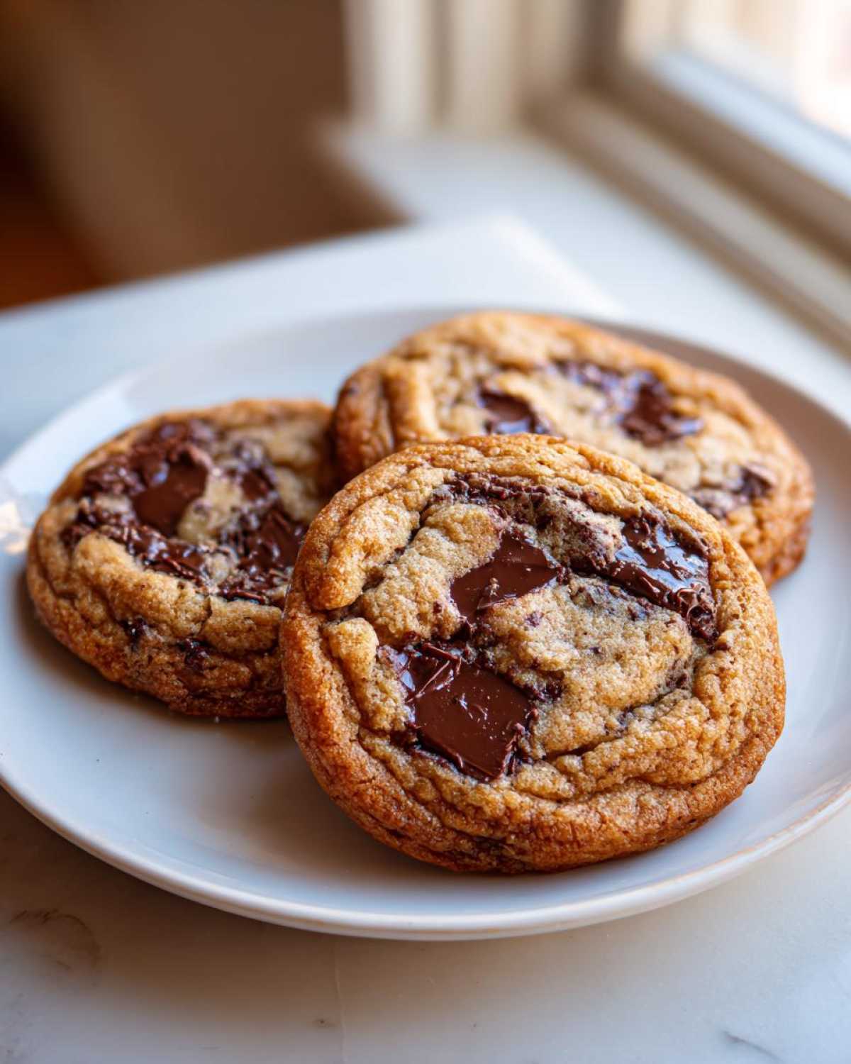 Three perfectly baked Brown Butter Chocolate Chip Cookies stacked on a white plate, featuring melted chocolate chunks.