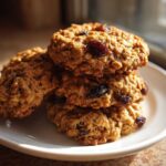 A stack of four chewy Brown Butter Oatmeal Raisin Cookies piled on a small white plate, highlighted by natural light.