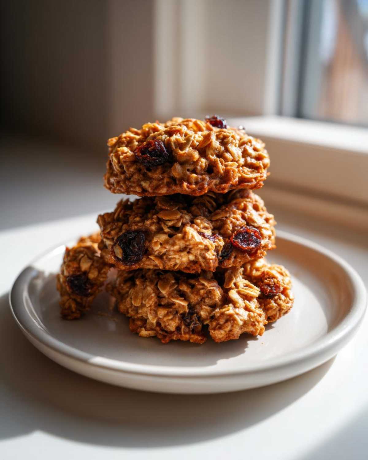 A stack of three delicious Brown Butter Oatmeal Raisin Cookies with visible oats and dried fruit on a small, light-colored plate.