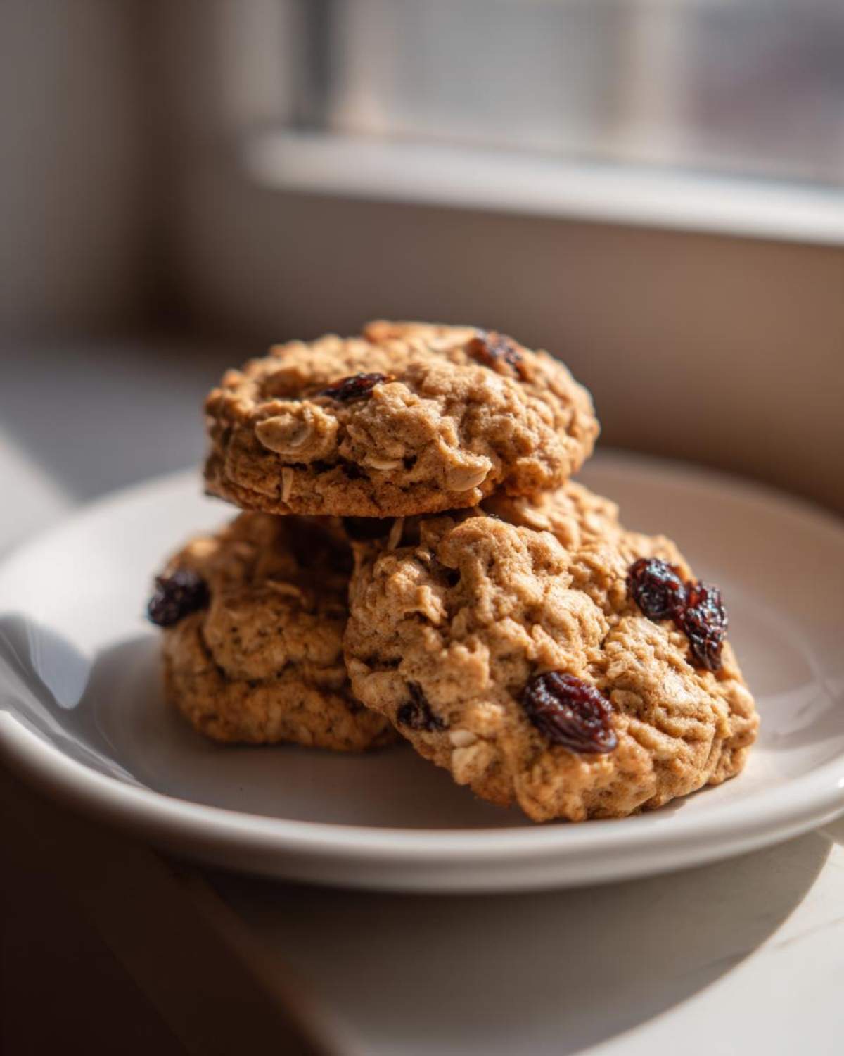 A stack of three chewy Brown Butter Oatmeal Raisin Cookies resting on a white plate, illuminated by natural light.