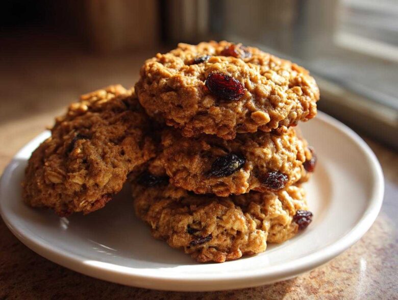 A stack of four chewy Brown Butter Oatmeal Raisin Cookies piled on a small white plate, highlighted by natural light.