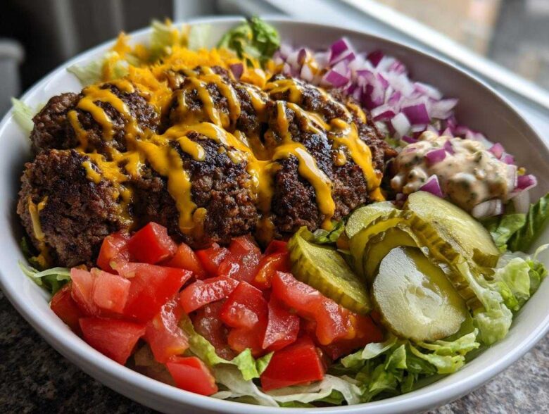 Close-up of a fully assembled Burger Bowls 30 Minute Dinner Idea with seasoned ground beef, melted cheese, lettuce, tomatoes, pickles, and sauce.