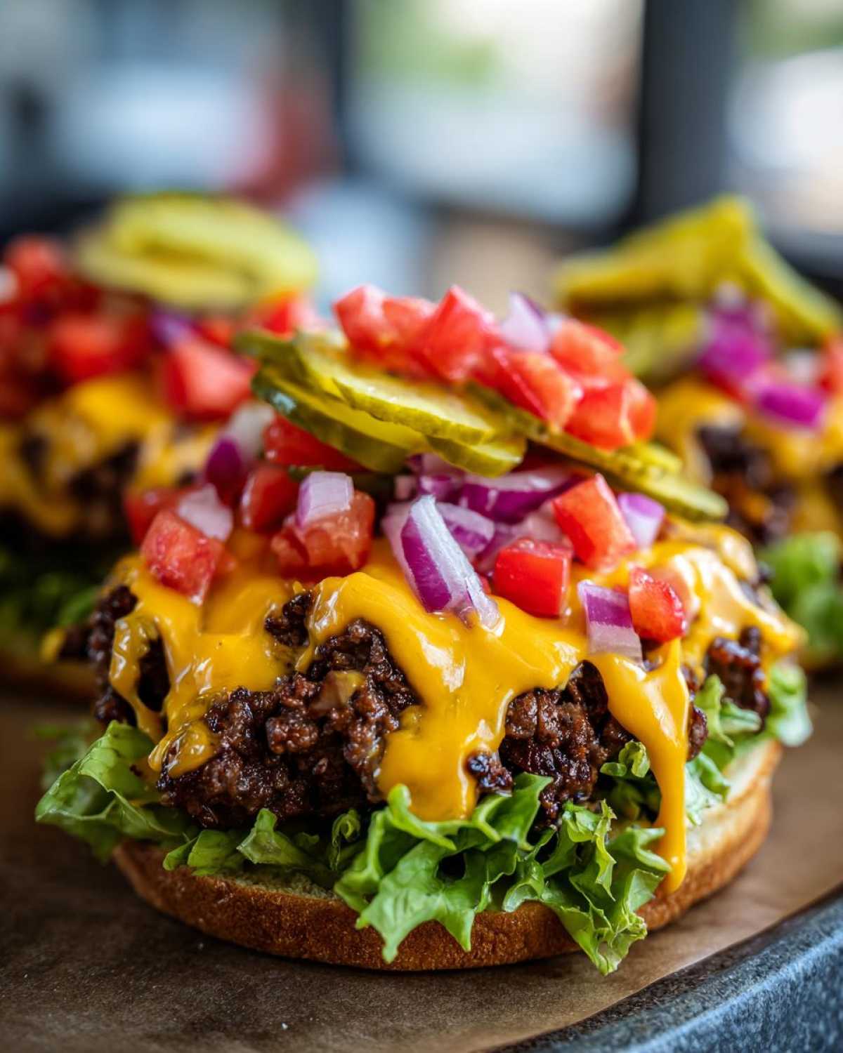 Close-up of a deconstructed burger bowl base with seasoned ground beef, melted cheese, lettuce, tomatoes, onions, and pickles.