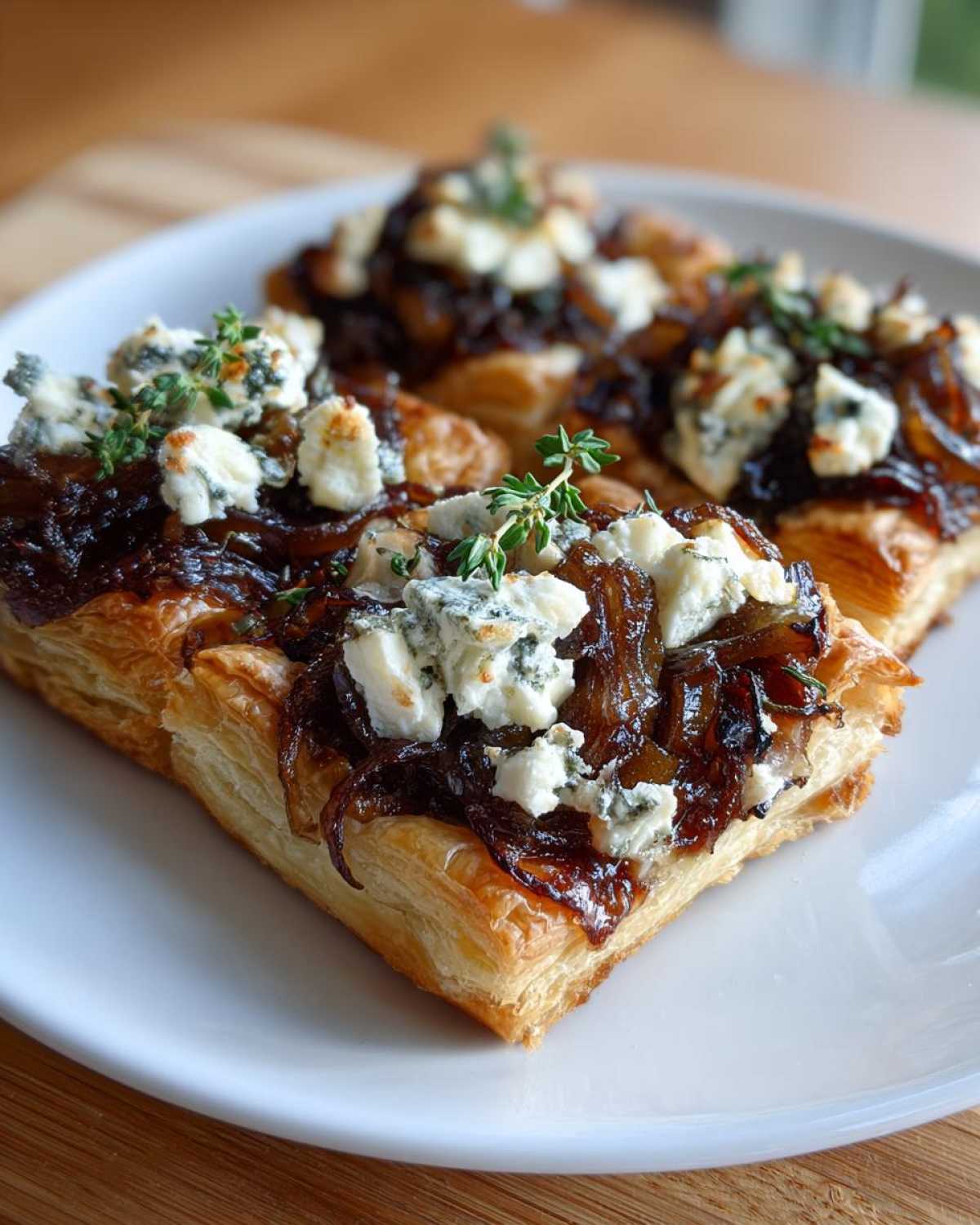 Close-up of flaky puff pastry topped with caramelized onions, crumbled goat cheese, and fresh thyme for Caramelized Onion and Goat Cheese Tarts.