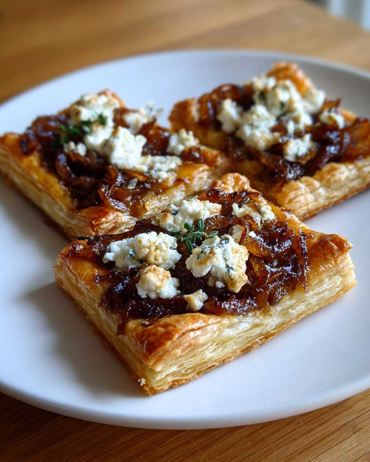 Three squares of flaky pastry topped with caramelized onion and dollops of goat cheese, served as fancy savory appetizers.