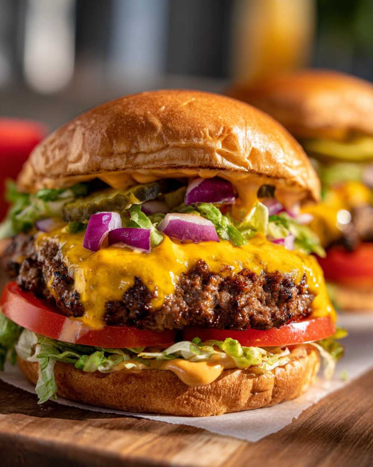 Close-up of a fully loaded cheeseburger with melted cheese, lettuce, tomato, red onion, and pickles, representing the components of Burger Bowls.