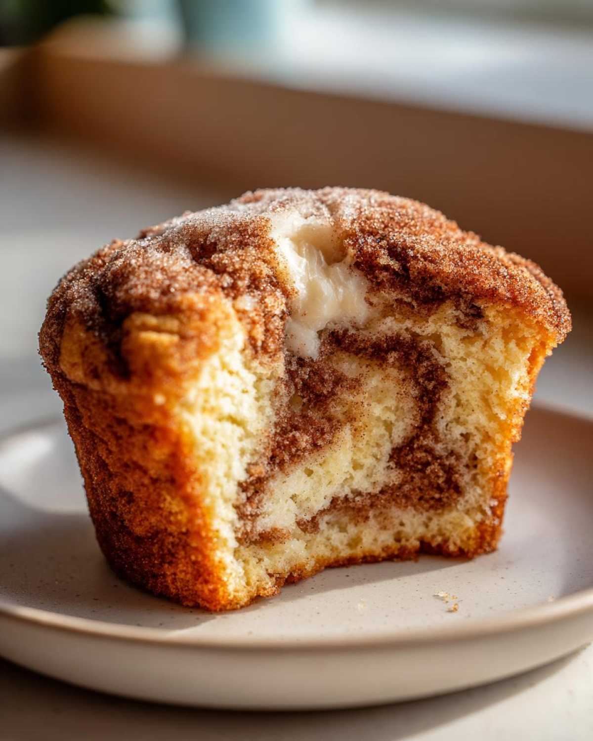 Close-up of a bitten Cheesecake Muffins with Cinnamon showing a creamy cheesecake center and cinnamon swirl.