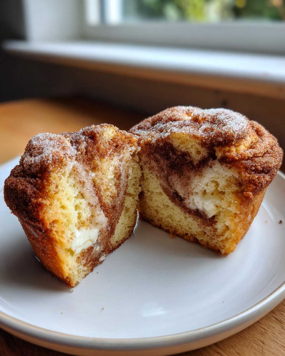 A Cheesecake Muffins with Cinnamon cut in half showing the creamy cheesecake center and cinnamon swirl inside the muffin.