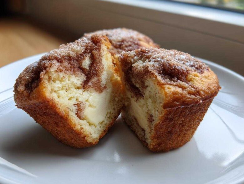 A close-up of Cheesecake Muffins with Cinnamon cut in half, showing the creamy cheesecake filling inside the cinnamon-swirled cake.