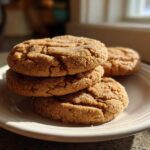 A stack of four chewy brown sugar cookies, heavily coated in sparkling sugar, resting on a white plate.