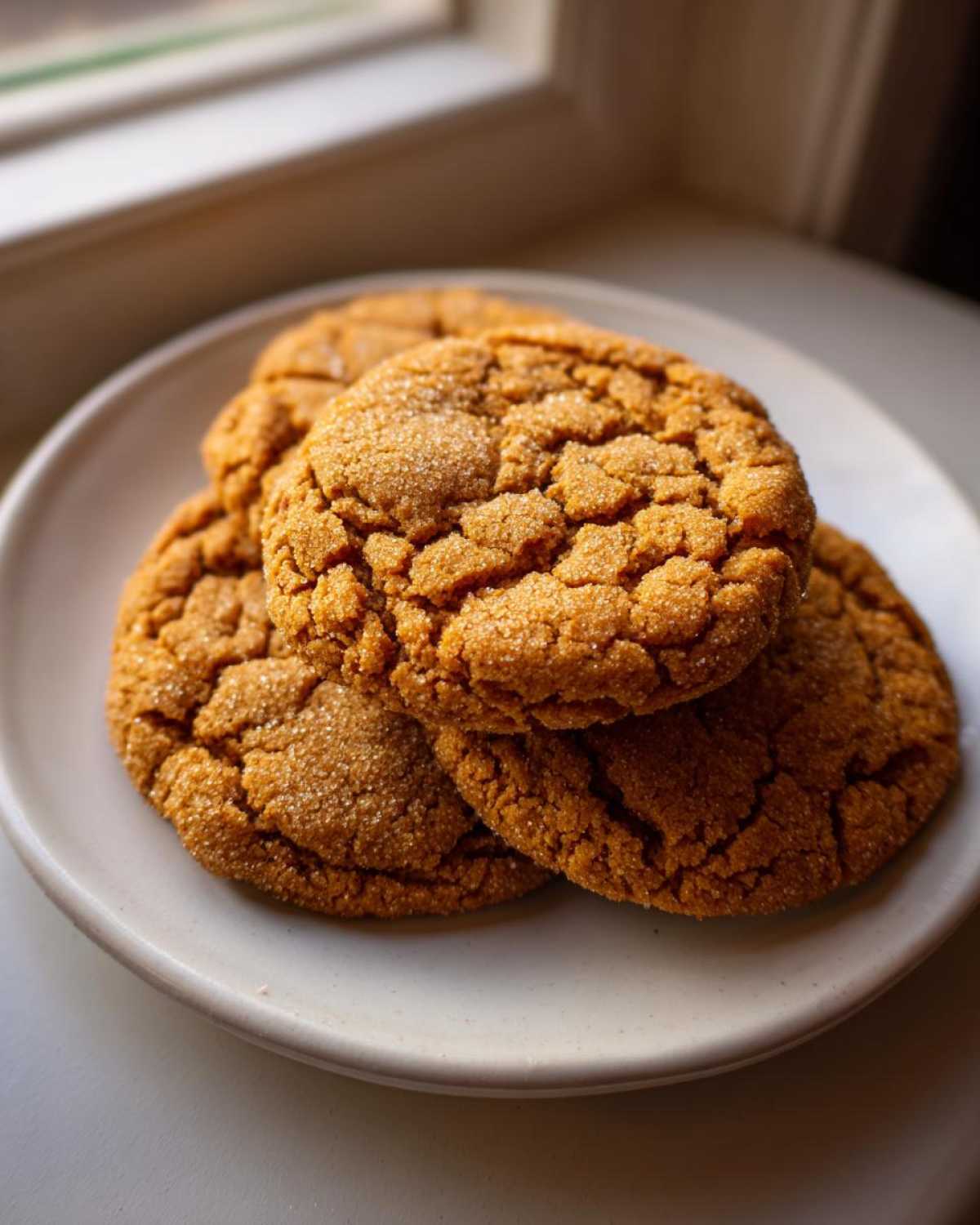 A stack of three chewy Brown Sugar Cookies, coated in granulated sugar and showing cracked tops, resting on a light ceramic plate.