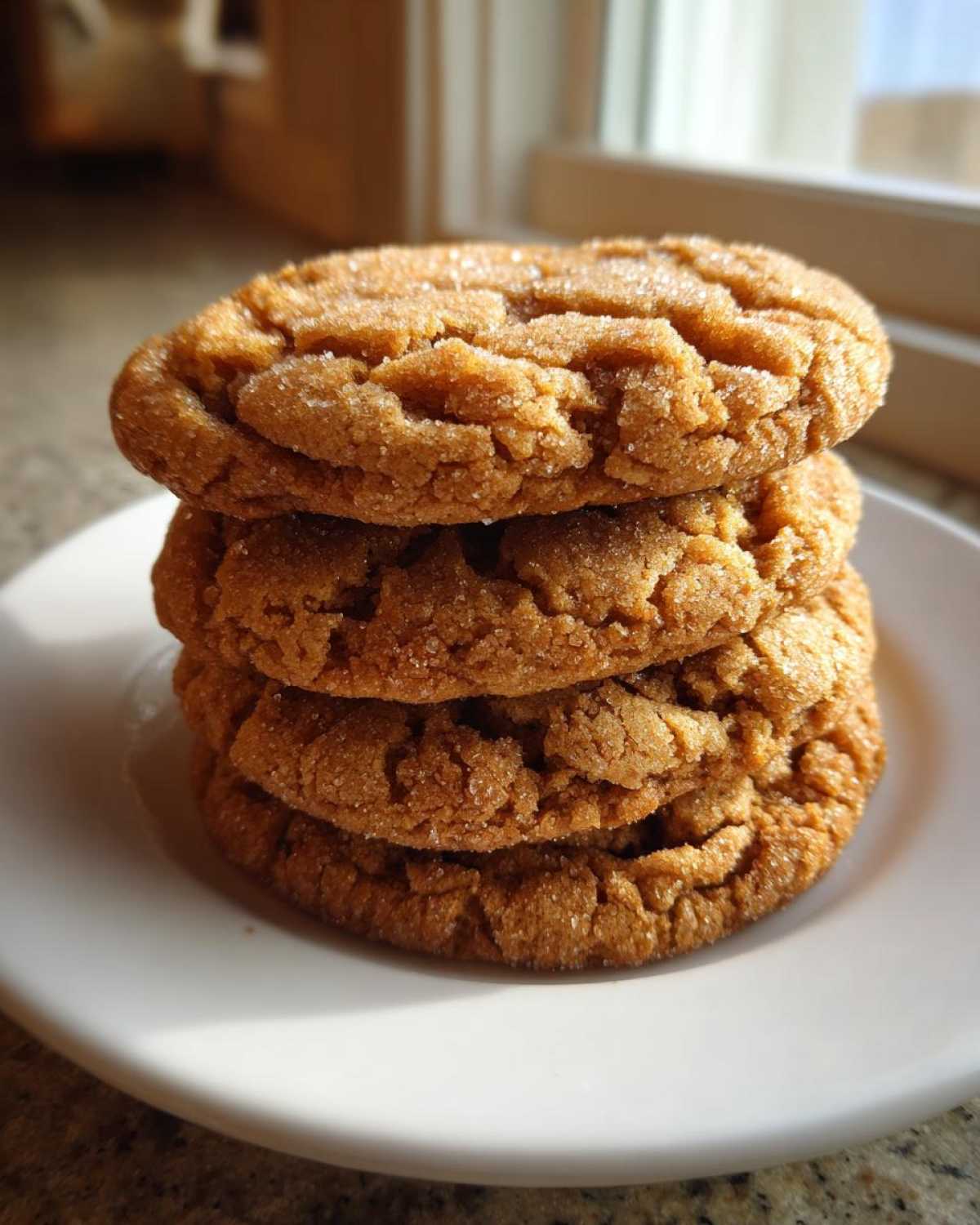 A stack of three chewy Brown Sugar Cookies, heavily coated in granulated sugar, sitting on a white plate.