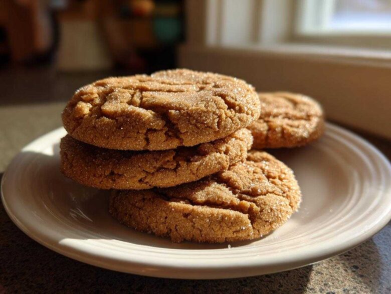A stack of four chewy brown sugar cookies, heavily coated in sparkling sugar, resting on a white plate.