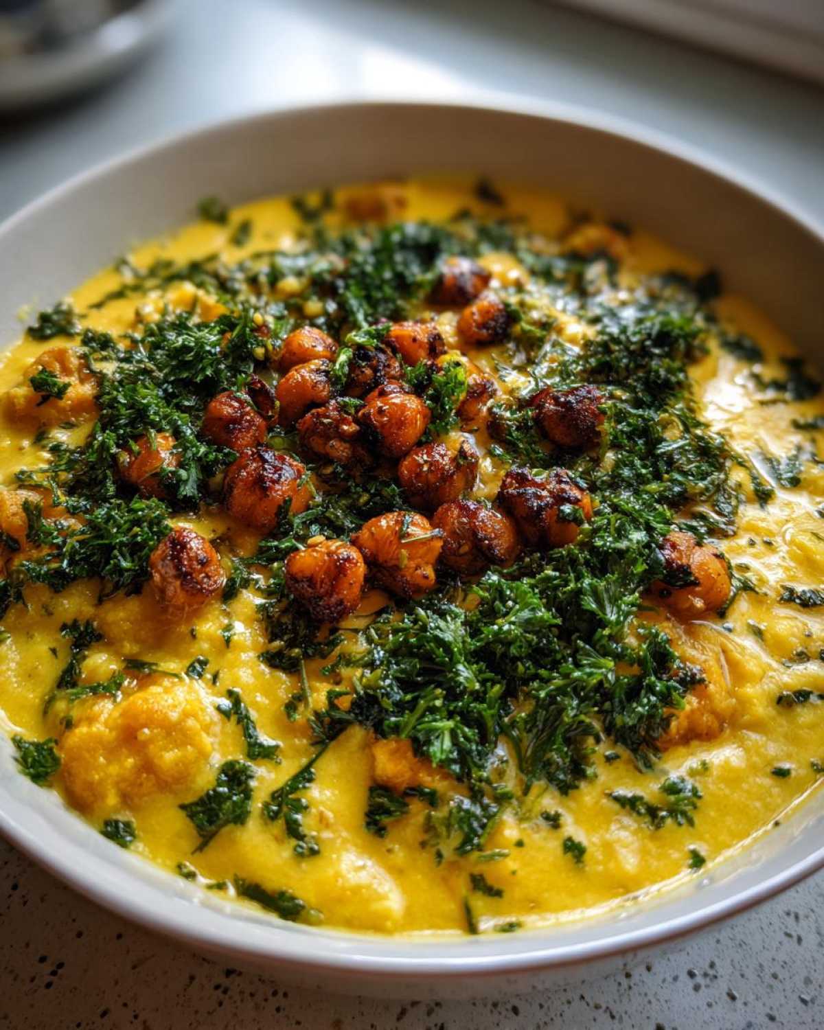 A close-up of a bowl of creamy yellow Chickpea Potato Soup, garnished with crispy roasted chickpeas and fresh green herbs.