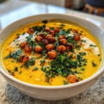 A close-up of vibrant yellow Chickpea Potato Soup topped with roasted chickpeas and fresh parsley.