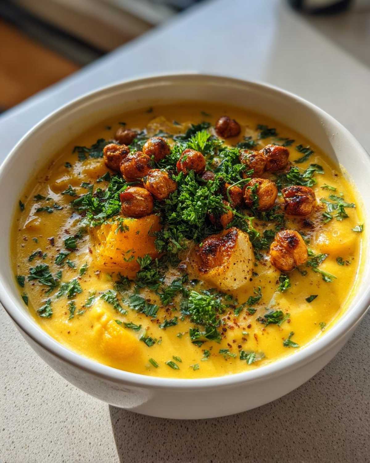A close-up of vibrant yellow Chickpea Potato Soup topped with roasted chickpeas, potato chunks, and fresh parsley.