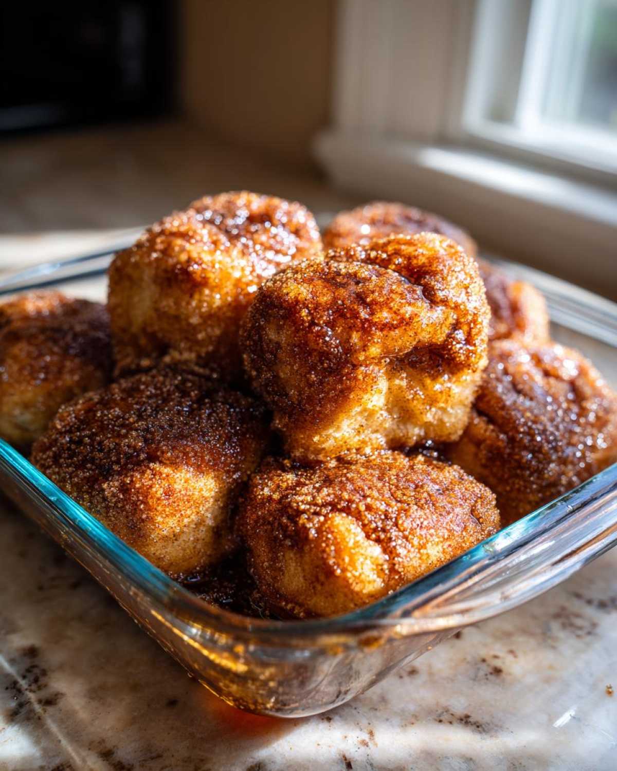Close-up of warm Cinnamon Sugar Biscuit Bites piled high in a clear glass baking dish.