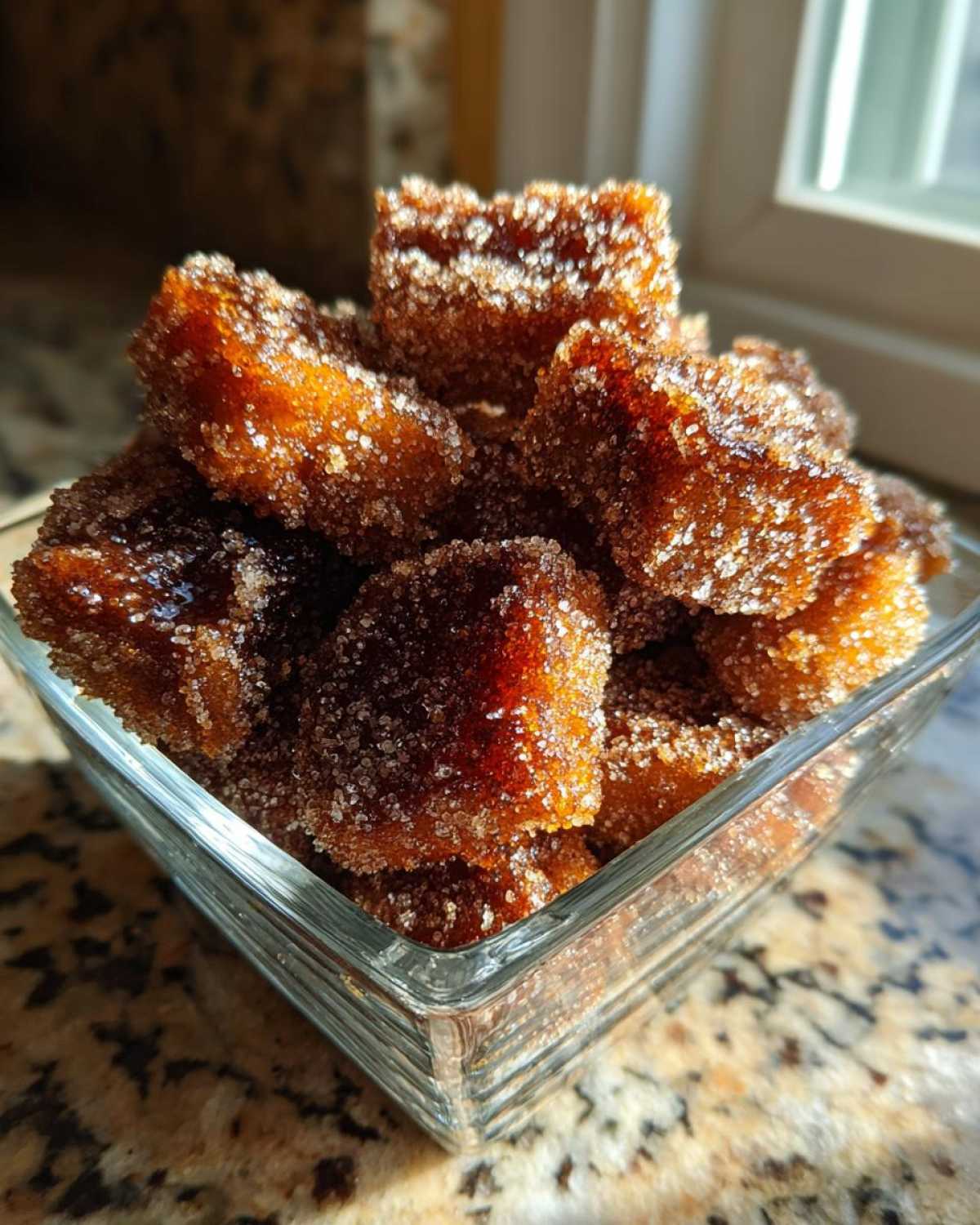A close-up of freshly made Cinnamon Sugar Biscuit Bites piled high in a small, clear glass bowl.
