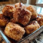 A close-up of several warm Cinnamon Sugar Biscuit Bites piled in a glass dish, coated in cinnamon sugar and drizzled with a shiny glaze.
