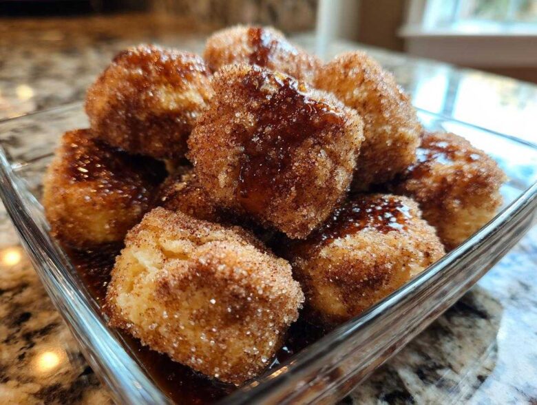 A close-up of several warm Cinnamon Sugar Biscuit Bites piled in a glass dish, coated in cinnamon sugar and drizzled with a shiny glaze.