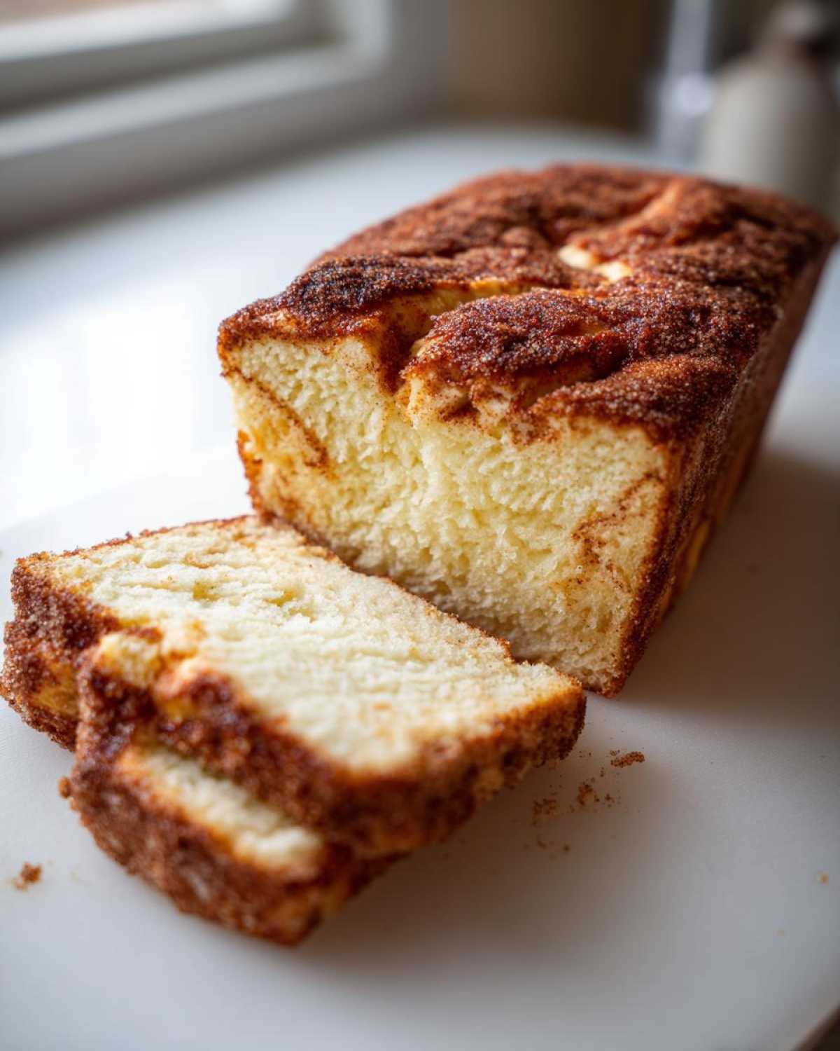 A loaf of Cinnamon Sugar Donut Bread, partially sliced, showing the soft interior and sugary cinnamon topping.