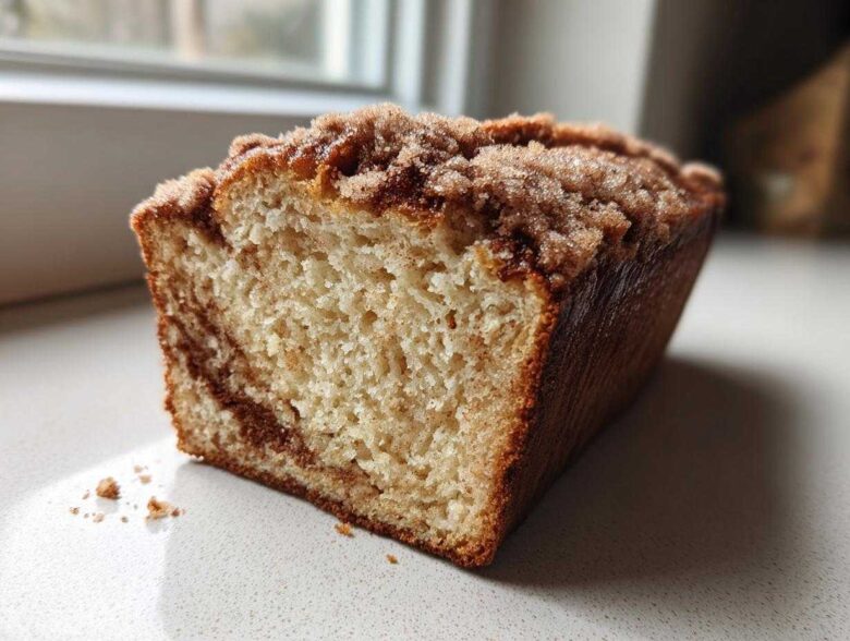 A close-up view of a freshly baked Cinnamon Sugar Donut Bread loaf with a visible cinnamon swirl and sugary topping.