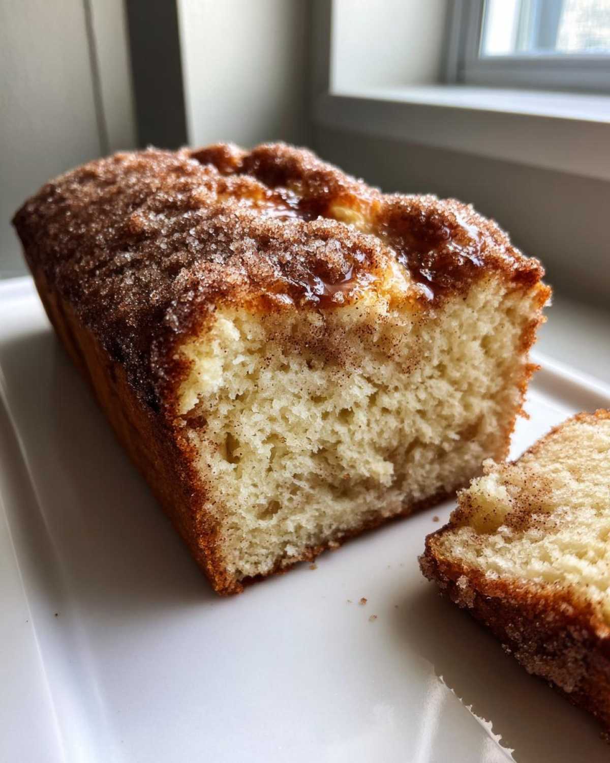 A freshly baked Cinnamon Sugar Donut Bread loaf with a slice cut off, showing the soft interior and sugary topping.