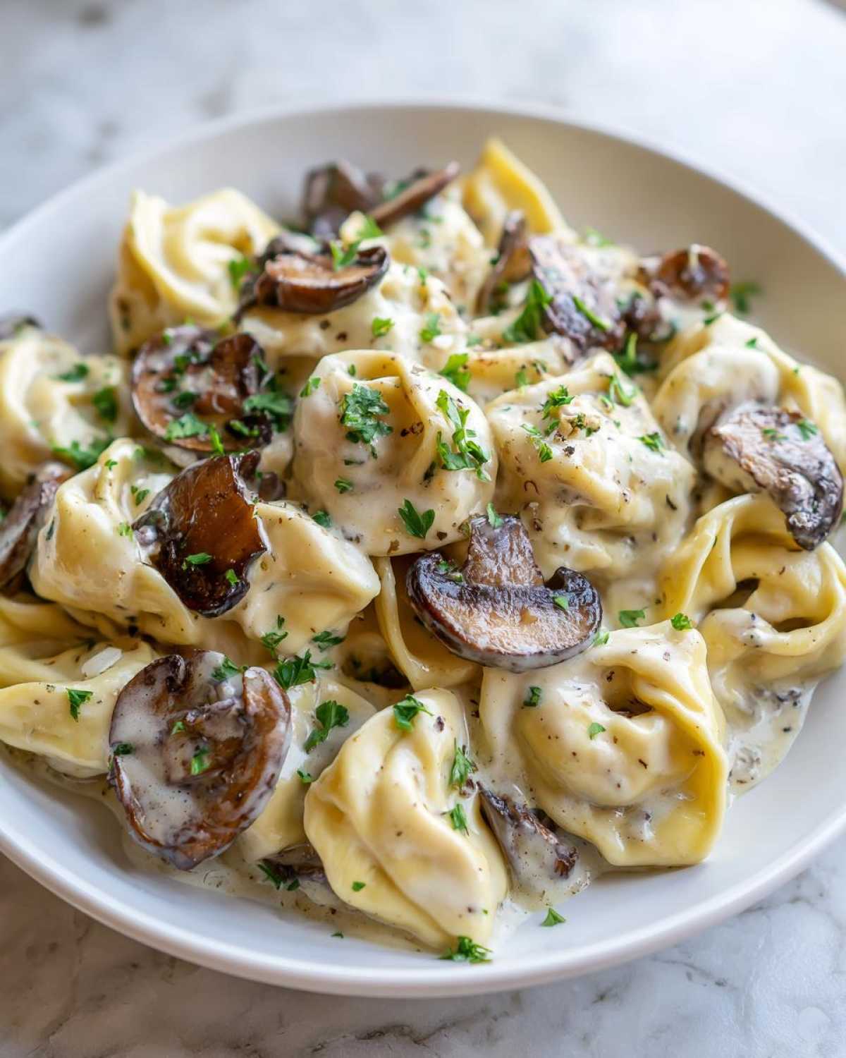 Close-up of Creamy Mushroom Tortellini Alfredo pasta generously coated in white sauce and topped with sliced mushrooms and parsley.