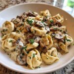 A close-up of a white bowl filled with Creamy Mushroom Tortellini Alfredo, topped with sliced mushrooms and fresh parsley.