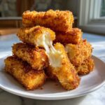 A stack of golden brown Crispy Homemade Mozzarella Sticks with one broken open showing a dramatic cheese pull.
