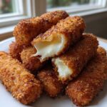 A pile of golden brown Crispy Homemade Mozzarella Sticks on a white plate, one broken open showing melted, stretchy cheese.