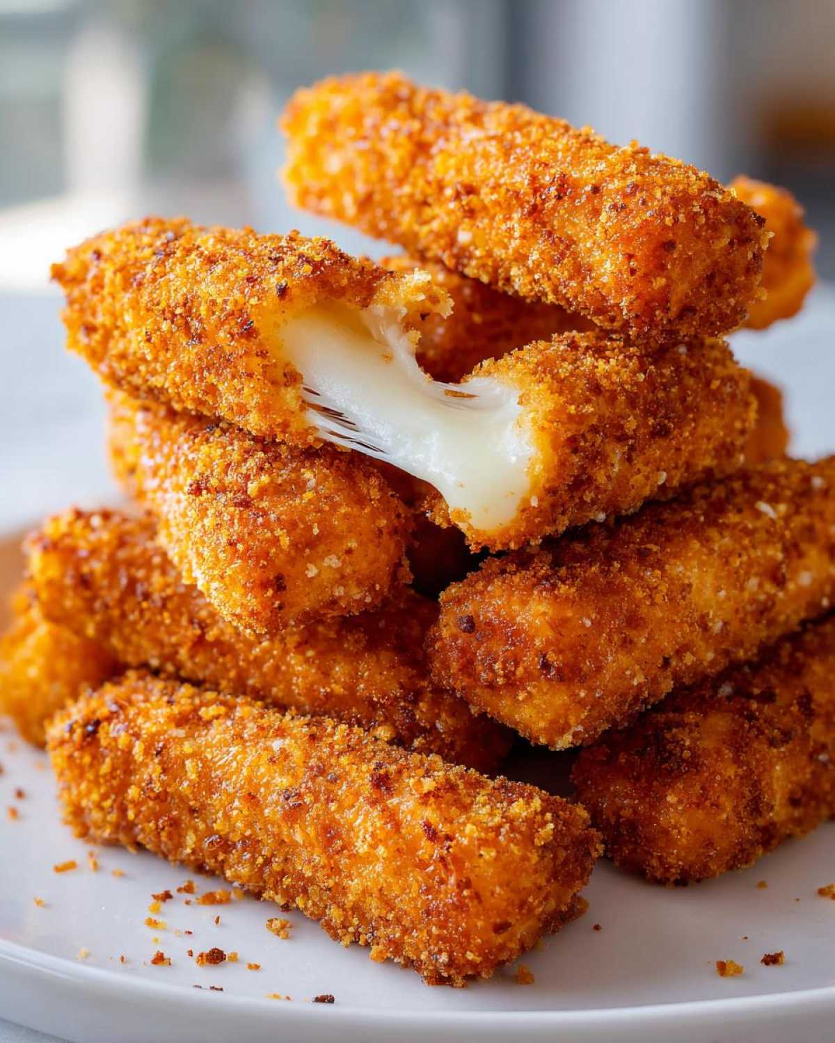 A stack of golden brown Crispy Homemade Mozzarella Sticks, with one broken open showing melted, stretching cheese.