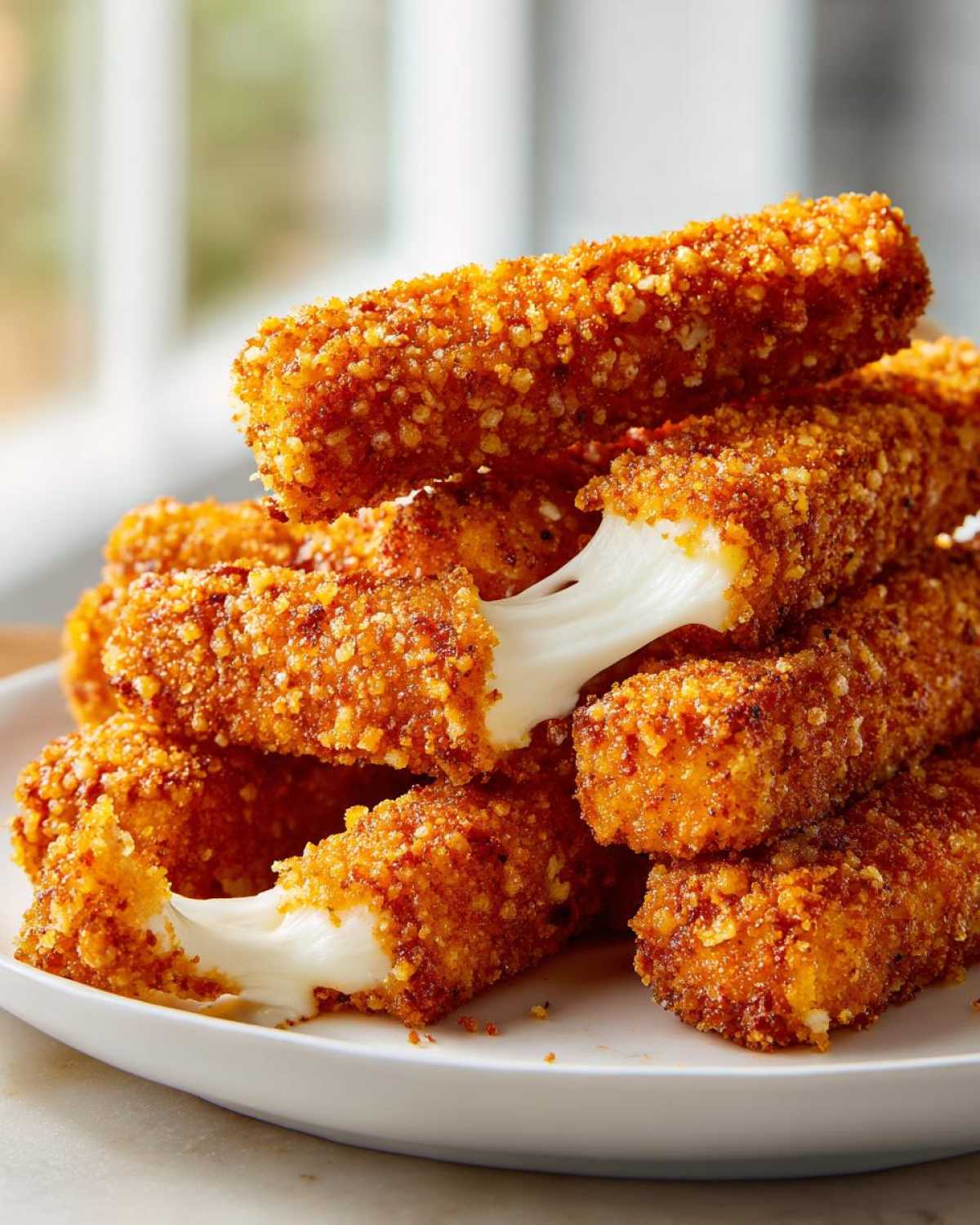A stack of golden brown, crispy homemade mozzarella sticks with melted cheese stretching between two broken pieces.