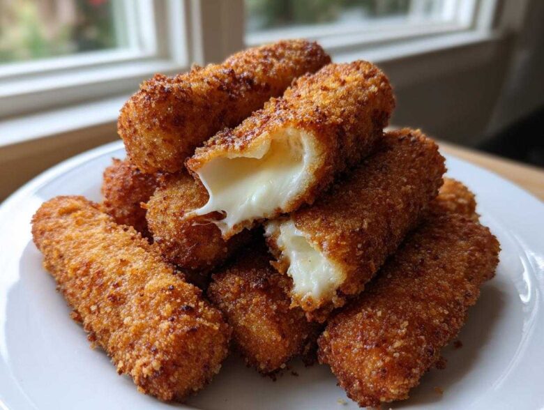 A pile of golden brown Crispy Homemade Mozzarella Sticks on a white plate, one broken open showing melted, stretchy cheese.