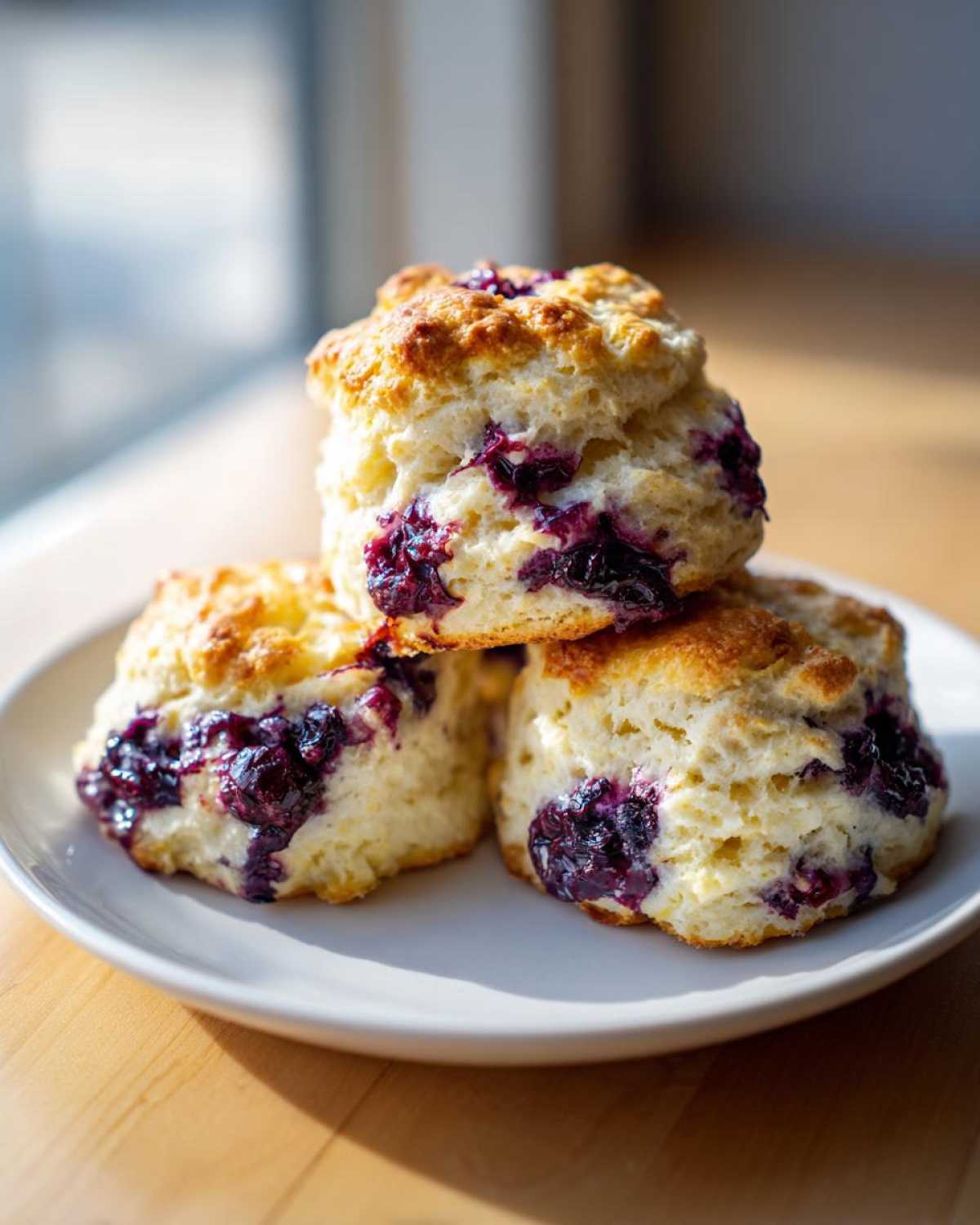 Three golden-brown Blueberry Scones stacked on a white plate, featuring visible bursts of dark purple blueberries.