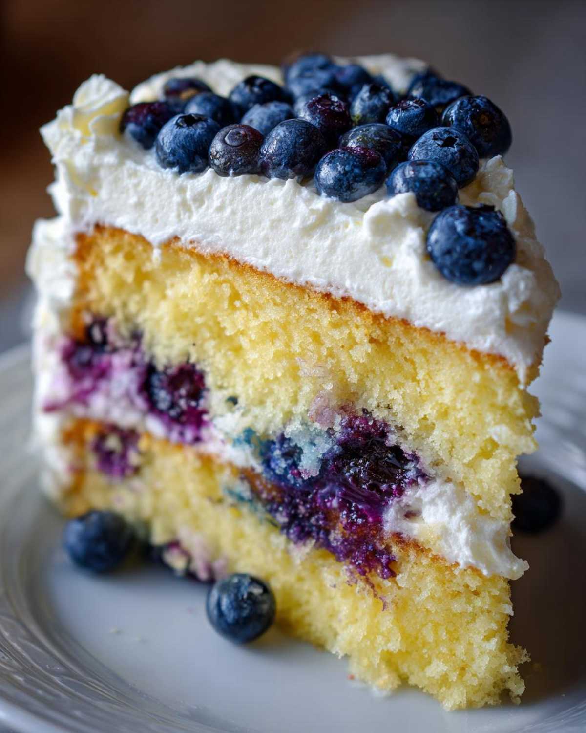 Close-up of a slice of Fluffy Lemon Blueberry Naked Cake Homemade with Whipped Cream Frosting, showing layers.