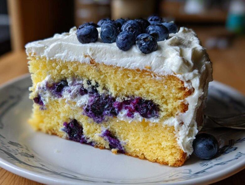 A delicious slice of Fluffy Lemon Blueberry Naked Cake with layers of yellow cake, blueberry filling, and whipped cream frosting.