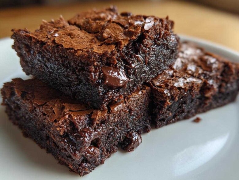 Close-up of two stacked, fudgy brownies with shiny, crackly tops and visible chocolate chips.