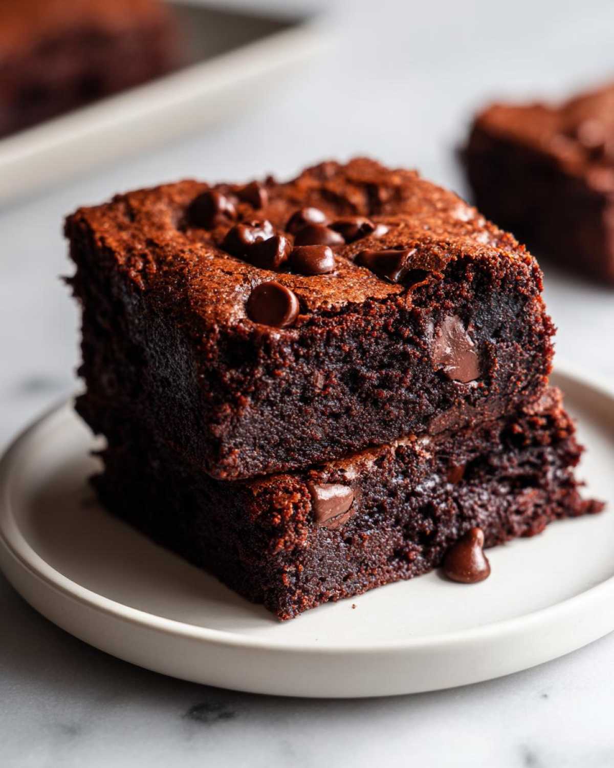 Two fudgy brownies with chocolate chips stacked on a white plate, showing a rich, dark interior.