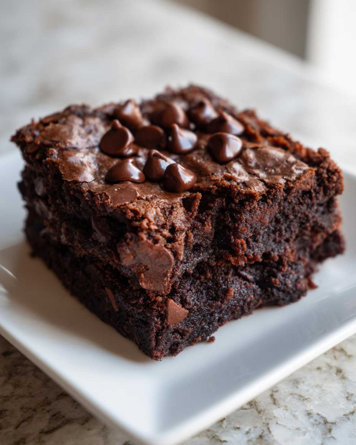 A close-up of a thick, fudgy brownie square topped with melted chocolate chips.