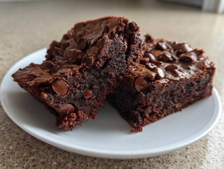 Two fudgy Brownies with Chocolate Chips stacked slightly, showing the dense interior and shiny top.